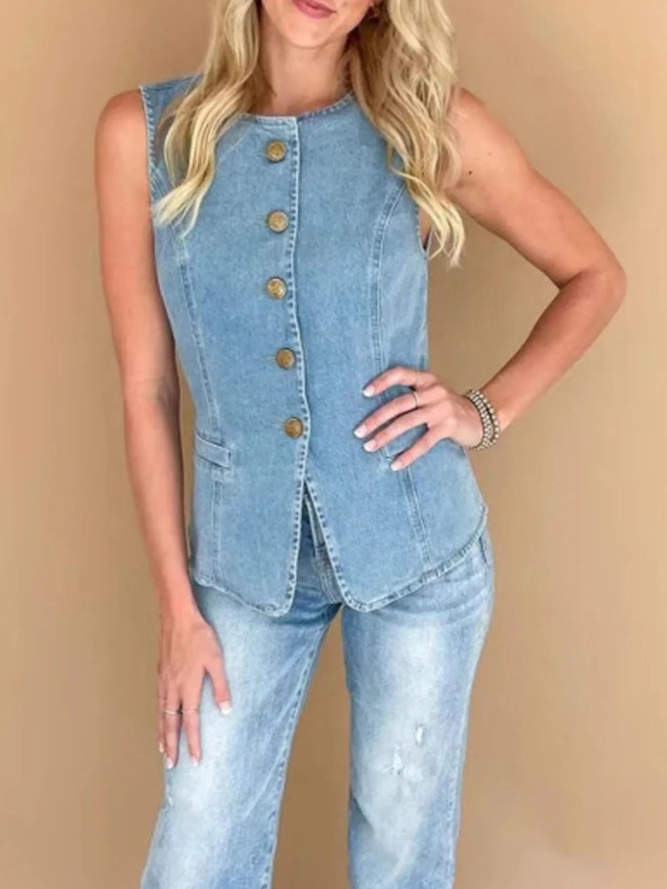 Hazel Blues® | Sleeveless Button-Front Denim Vest