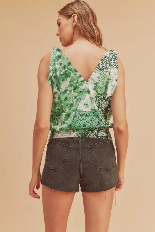 Hazel Blues® | Aemi + Co Smocked Hem Printed Surplice Tank