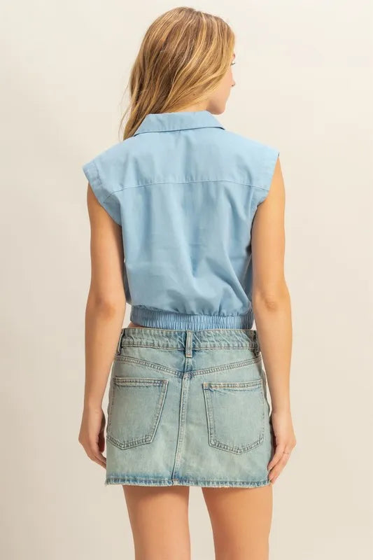 Hazel Blues® | HYFVE Johnny Collar Sleeveless Cropped Blouse