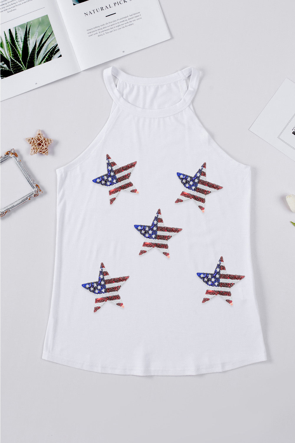 Hazel Blues® | Sequin US Flag Star Grecian Neck Tank