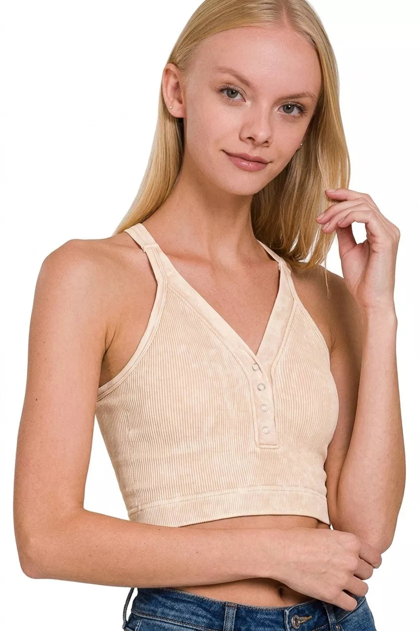 Hazel Blues® | Zenana Washed Ribbed Seamless Button V-neck Tank Top