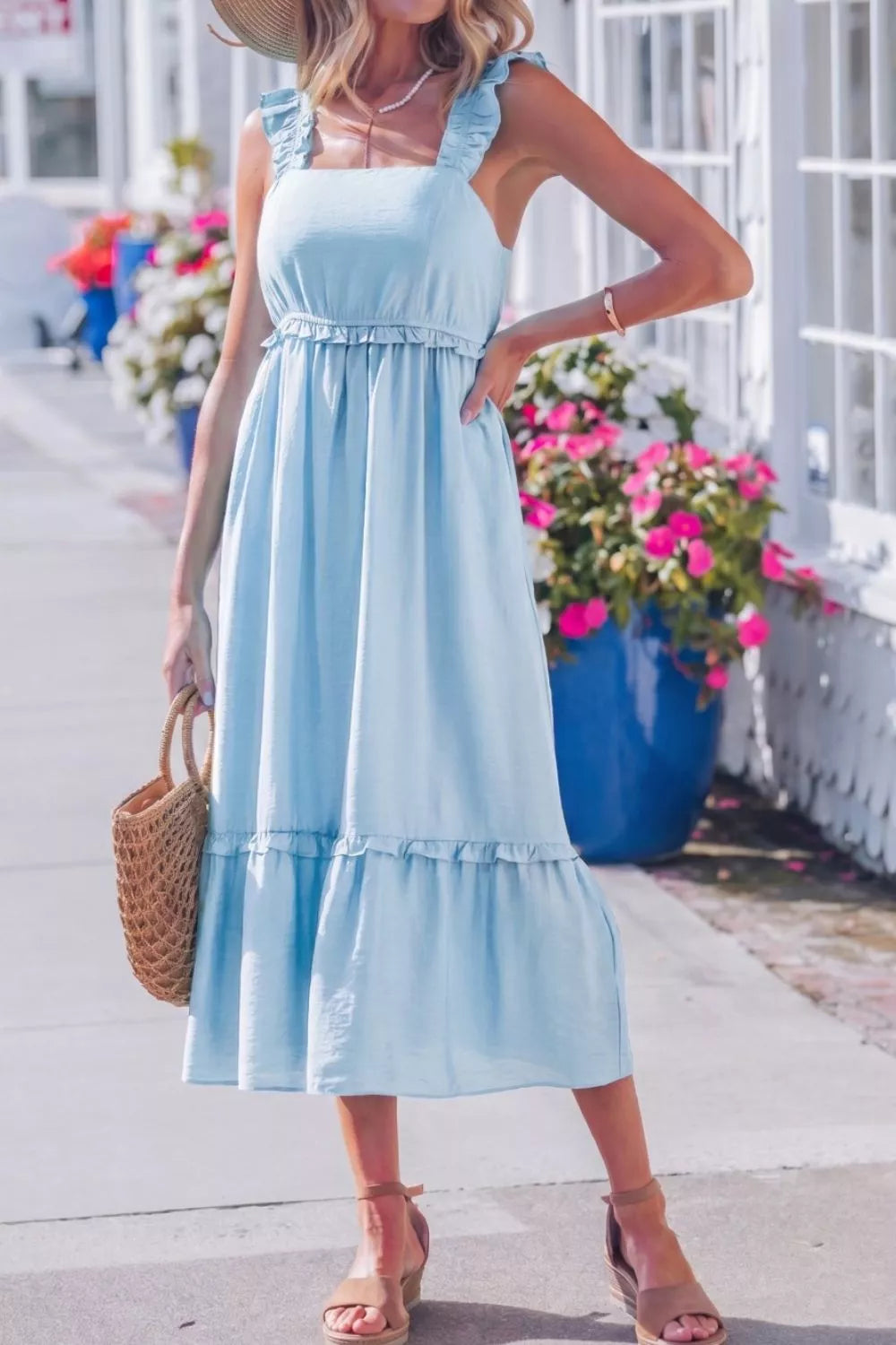 Hazel Blues® | Solid Color Ruffle Trim High Waist Sleeveless Dress