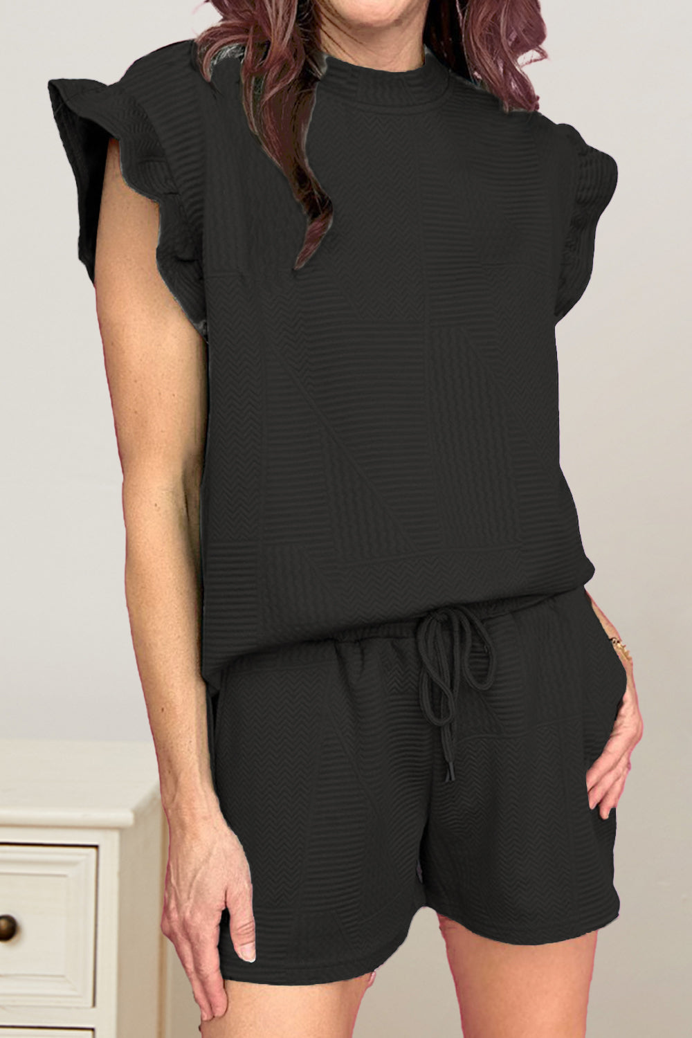 Hazel Blues® | Slit Round Neck Top and Drawstring Shorts Set