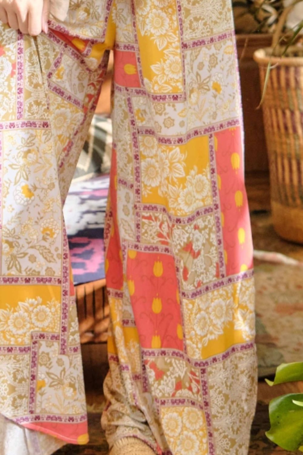 Hazel Blues® | And The Why Printed Smocking Waist Side Slit Wide Leg Pants