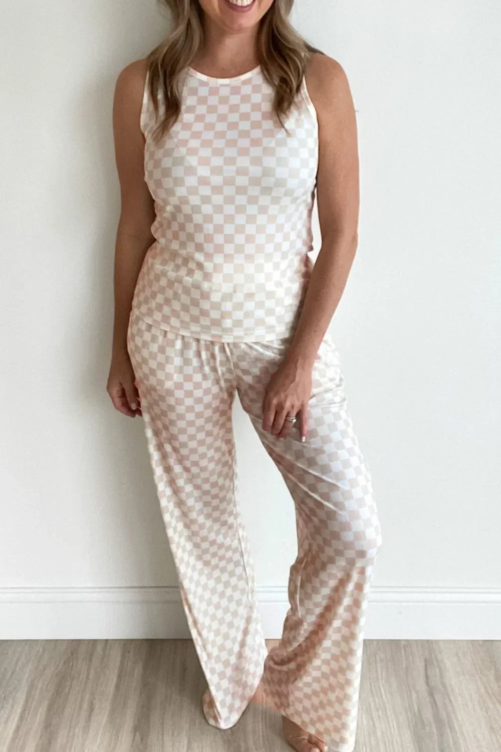 Hazel Blues® | Ribbed Texture Checkered Print Tank and Pants Set
