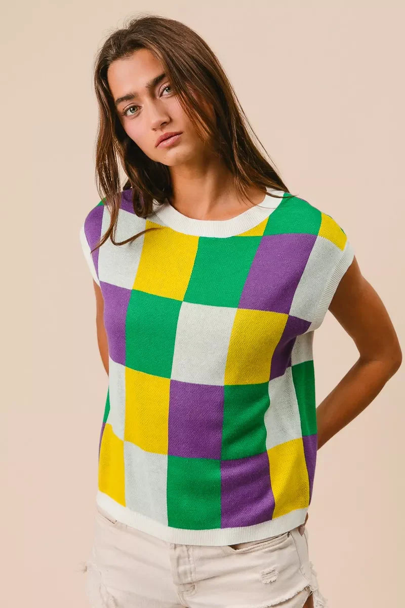 Hazel Blues® | BiBi Mardi Gras Checker Pattern Sleeveless Sweater Top
