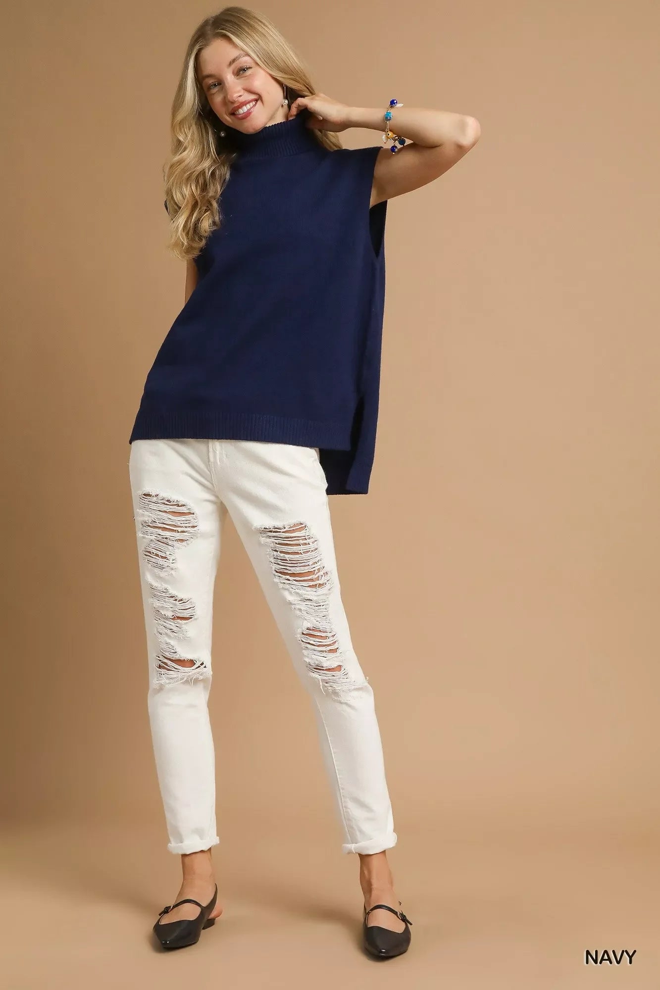 Hazel Blues® | Umgee High-Low Turtleneck Sleeveless Sweater Top