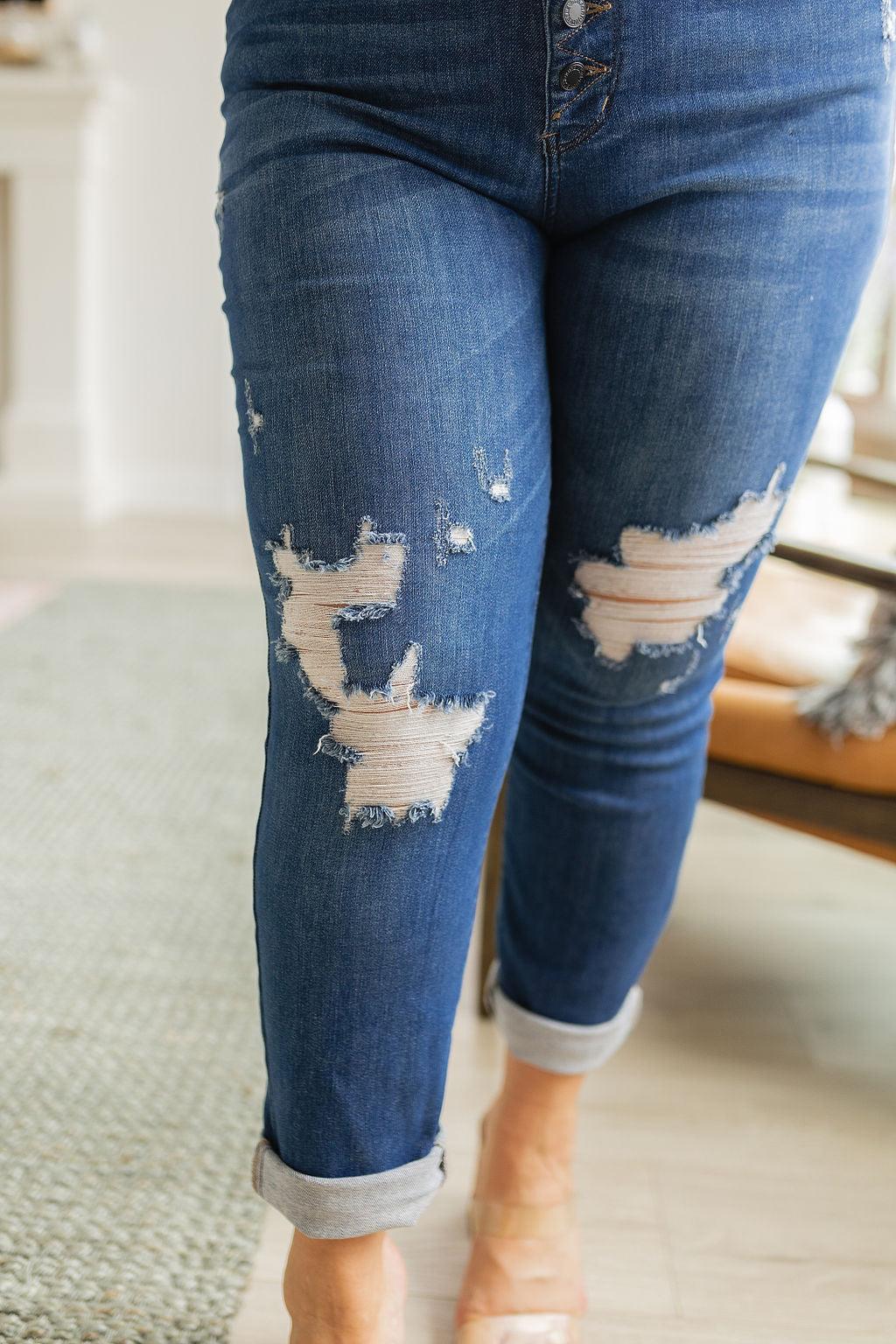 Hazel Blues® | Colt High Rise Button Fly Distressed Boyfriend Jeans