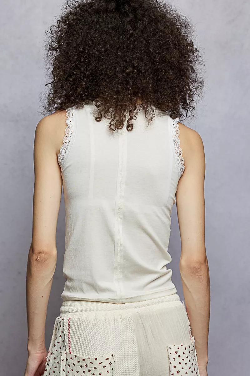 Hazel Blues® | POL Round Neck Cropped Tank with Lace Trim