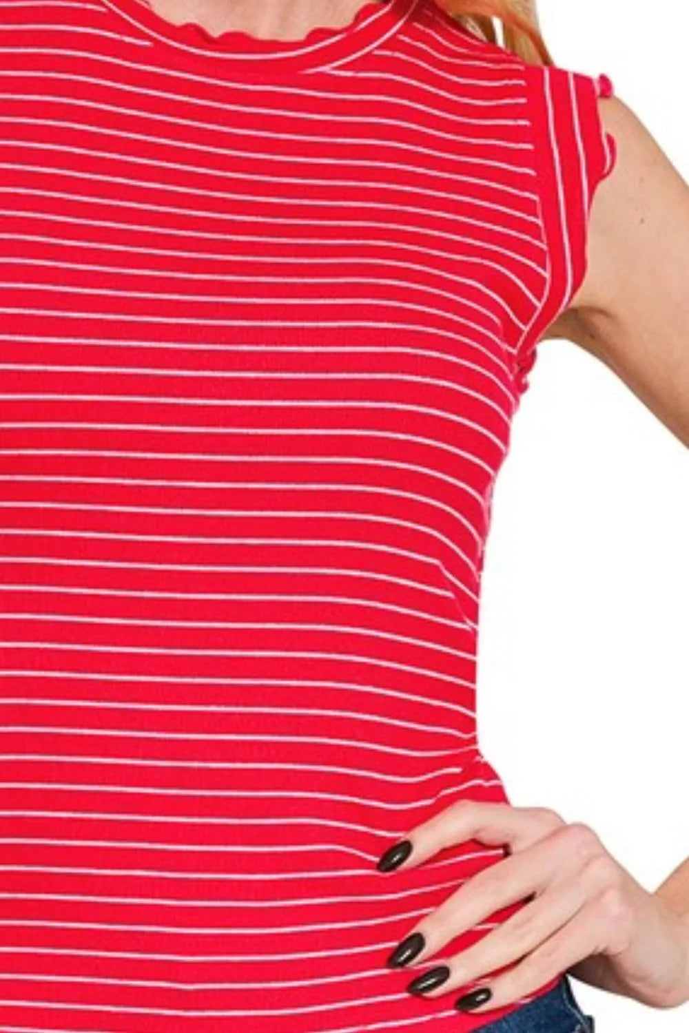 Hazel Blues® | Zenana Ribbed Ruffle Trim Sleeveless Stripe Top