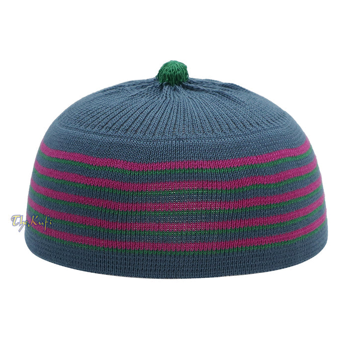 Dark Gray with Hot Pink and Green Lines Baby Or Infant Kufi pom-pom Stretchable Beanie