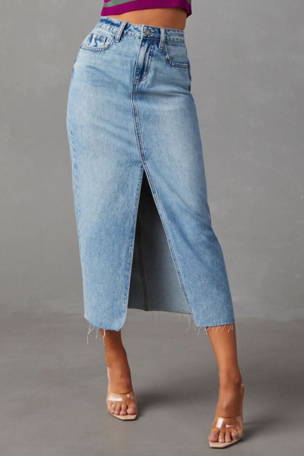 Hazel Blues® | Slit Raw Hem Midi Denim Skirt