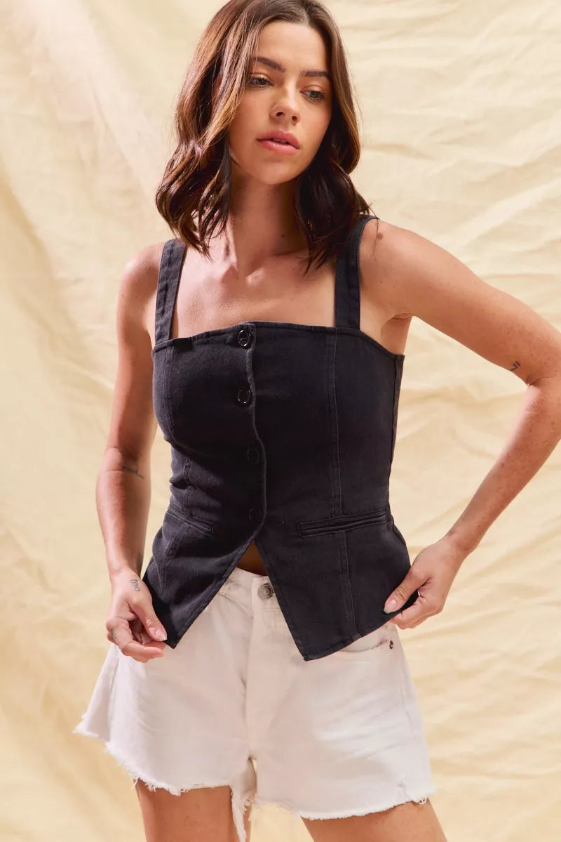 Hazel Blues® | SO ME Button Down Sleeveless Game Day Fitted Denim Top