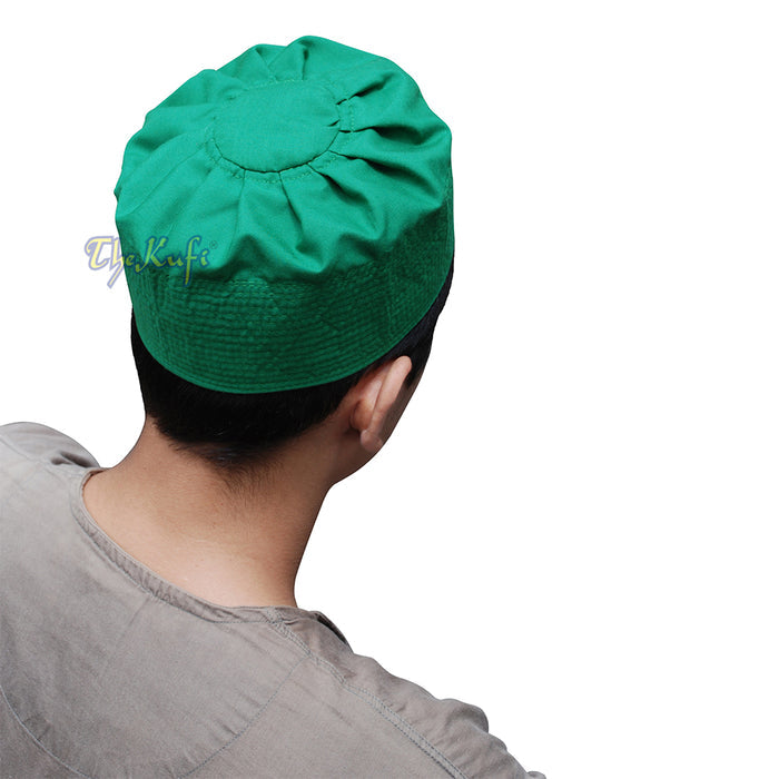 Green Ijazi Muslim Kufi - Pleated-Top Cotton-Mix Fabric Islamic Hat