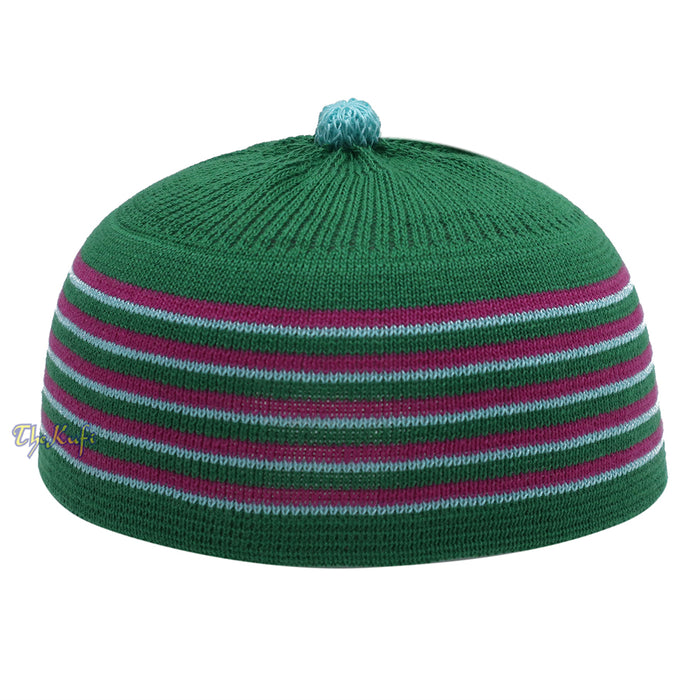 Green with Hot Pink and Turquoise Lines Baby Or Infant Kufi pom-pom Stretchable Beanie