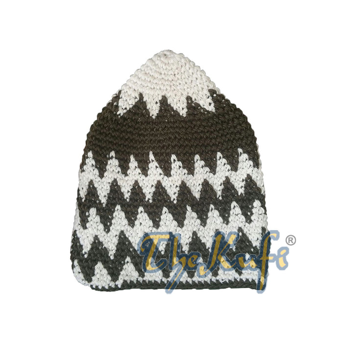 Hand-Crocheted Cotton Sturdy Cream & Dark Olive Green Zigzag Kufi Hat