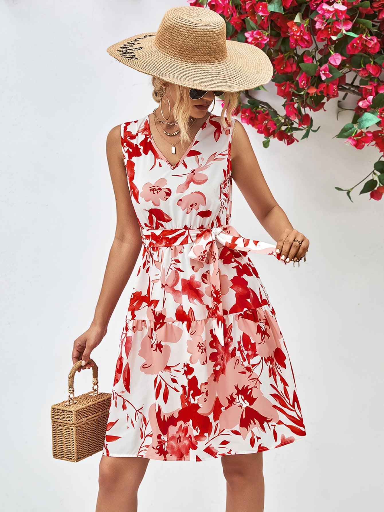 Hazel Blues® | Floral V-Neck Tie Waist Sleeveless Dress