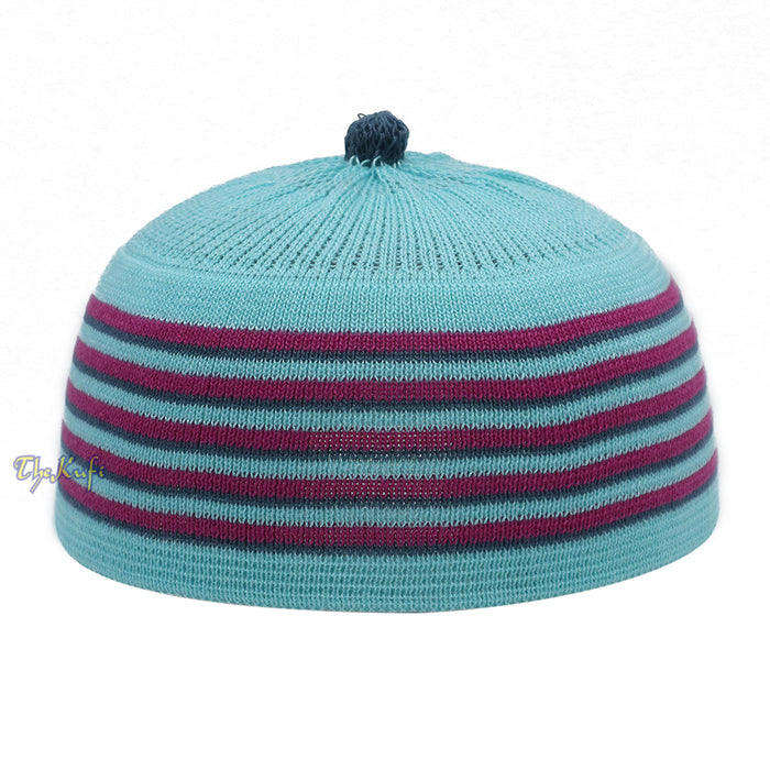 Light Turquoise Blue with Light Maroon and Dark Green Lines Baby Or Infant Kufi pom-pom Stretchable Beanie
