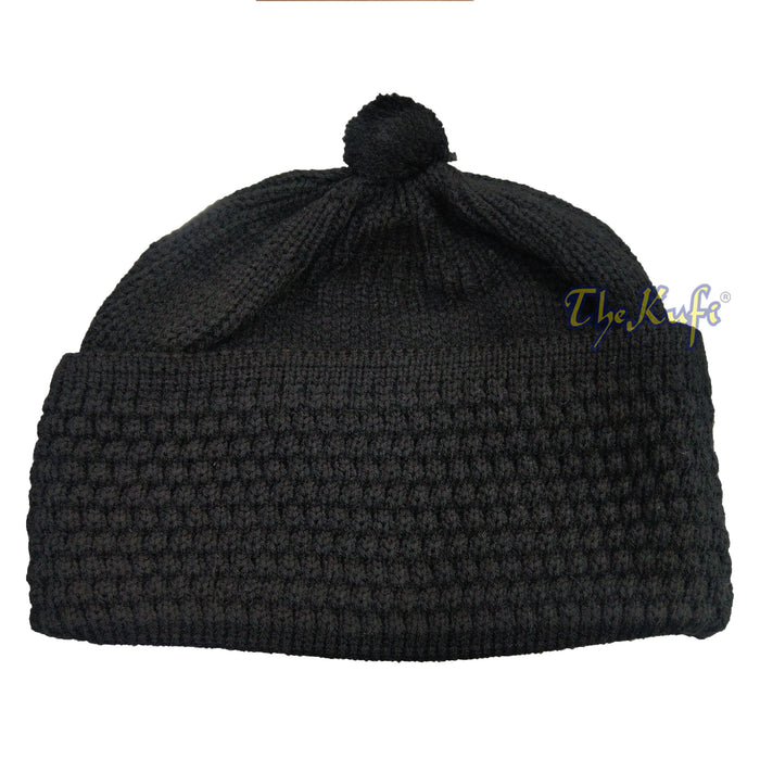 One-Size Black Thick-Weave Stretchy Double Layer Warm Cotton-Acrylic Beanie Hat with pom-pom