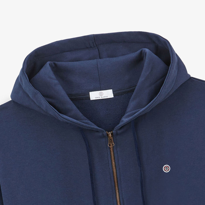 Sweat molleton à capuche en coton Sidney zippé bleu marine homme serge blanco