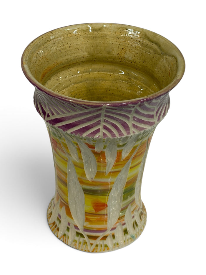 Vase - sgraffito trees, yellow & purple