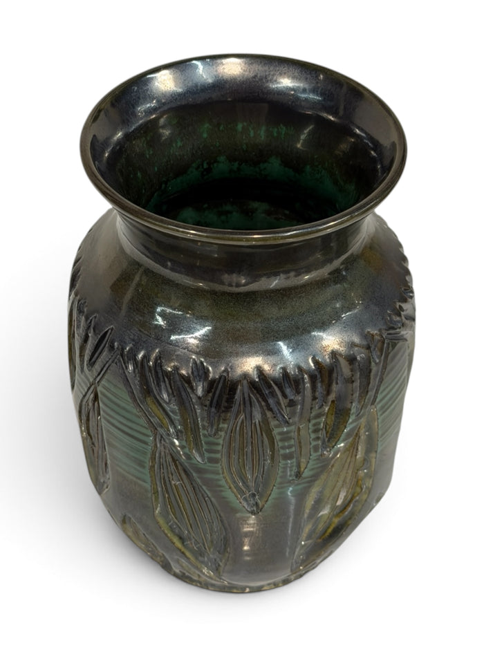 Vase, tall - sgraffito trees, monstera