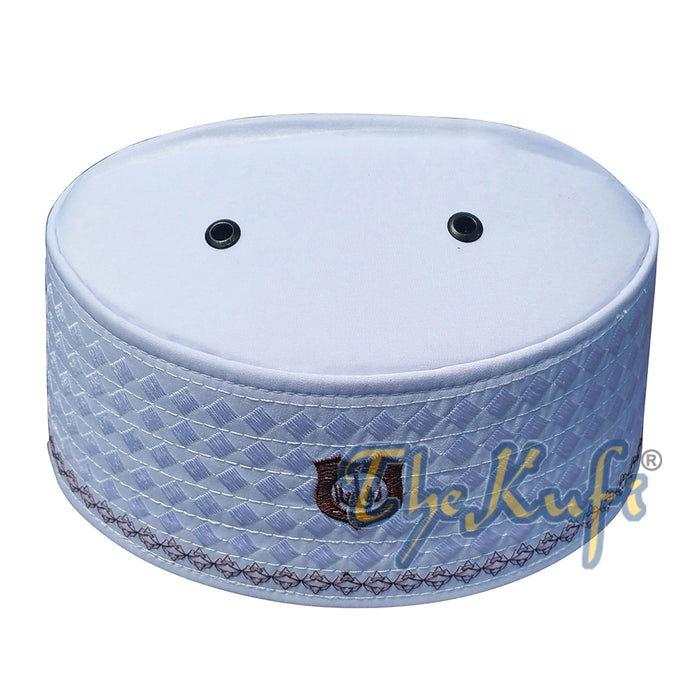 White Rigid Brown Embroidered Habaib Kufi with 4 Holes