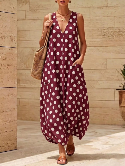Hazel Blues® |  Polka Dot V-Neck Sleeveless Maxi Dress