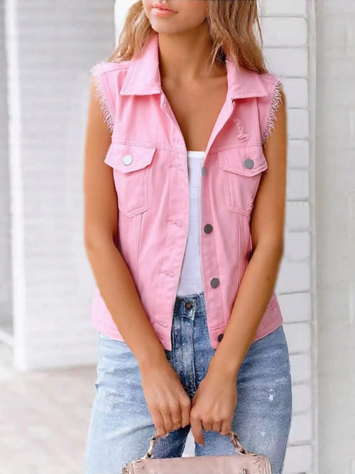 Hazel Blues® | Sleeveless Frayed Denim Vest Jacket