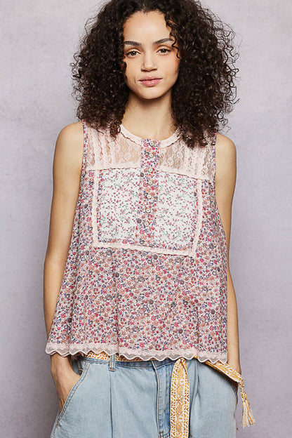 Hazel Blues® |  POL Printed Woven Lace Back Round Neck Sleeveless Top