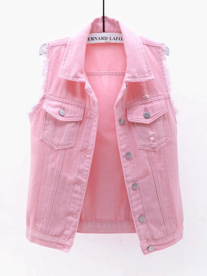 Hazel Blues® | Button Down Raw Hem Sleeveless Denim Jacket