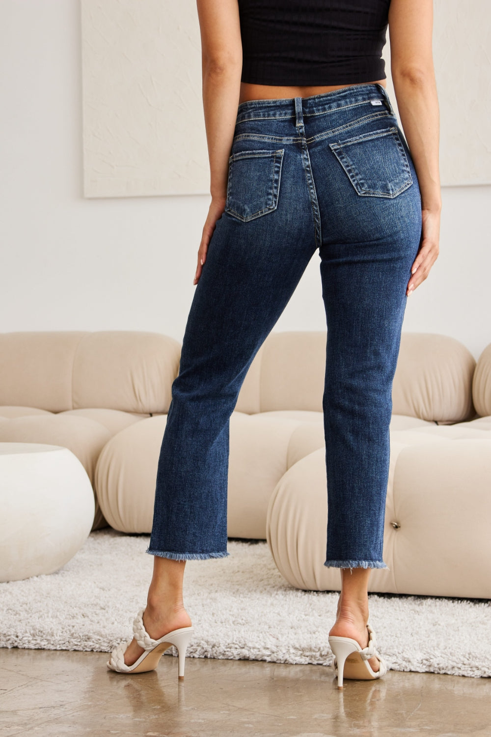 Hazel Blues® |  RFM Crop Dylan Tummy Control Distressed High Waist Raw Hem Jeans