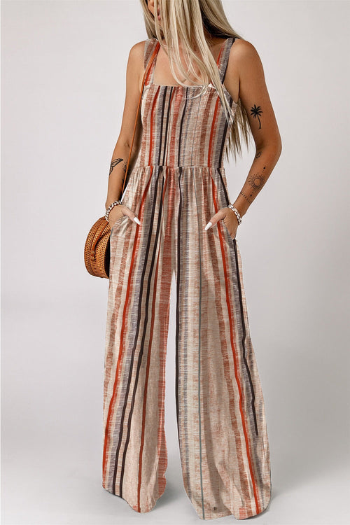 Hazel Blues® |  Stripe Square Neck Sleeveless Smocked Bodice Wide Leg Jumpsuit
