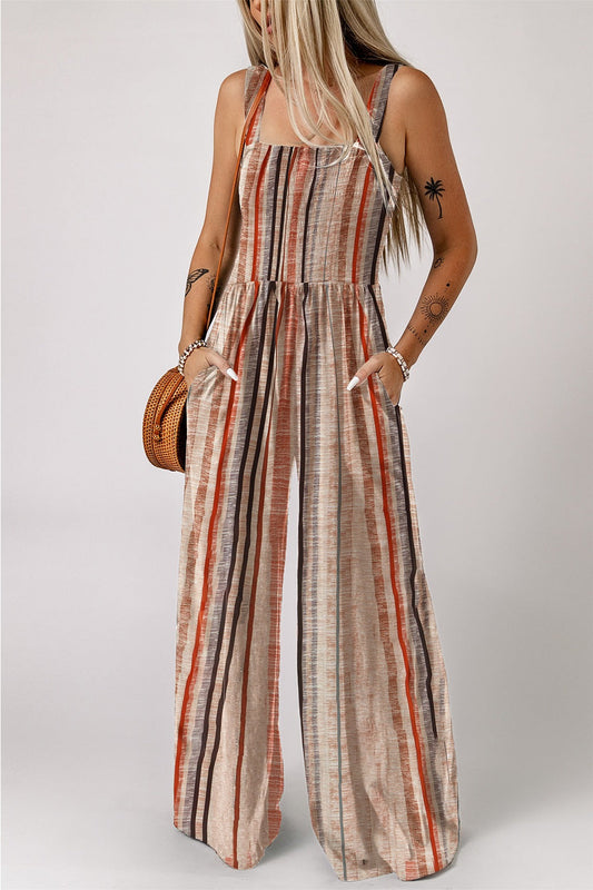Hazel Blues® |  Stripe Square Neck Sleeveless Smocked Bodice Wide Leg Jumpsuit