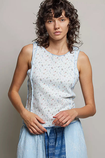 Hazel Blues® |  POL Seam detail Floral Round Neck Ribbed Tank