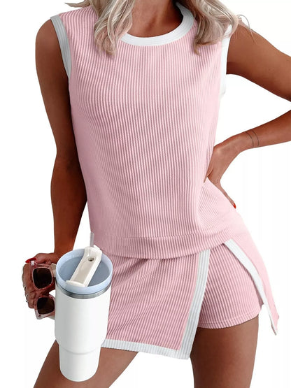 Hazel Blues® |  Ribbed Knit Sleeveless Top and Skort Set