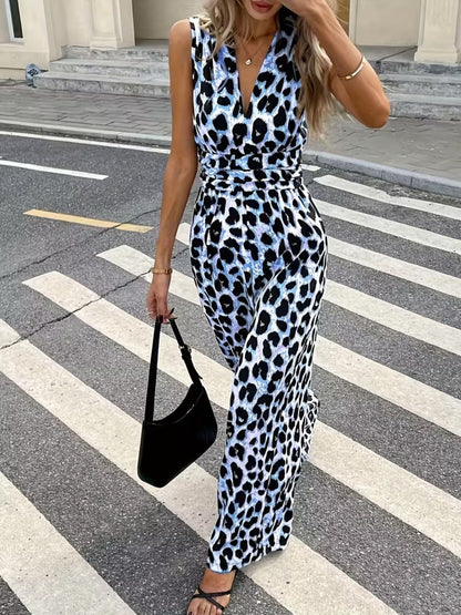 Hazel Blues® |  Sleeveless V-Neck Leopard Print Wide Leg Jumpsuit