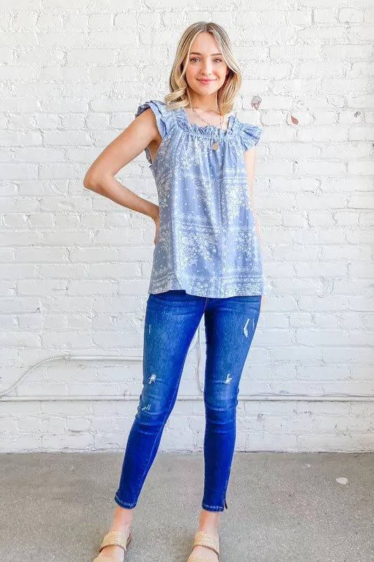 Hazel Blues® |  And The Why Boho Print Rayon Linen Ruffle Baby Doll Tank Top