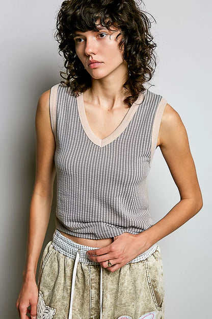 Hazel Blues® |  POL V-Neck Contrast Ribbed Sleeveless Tank