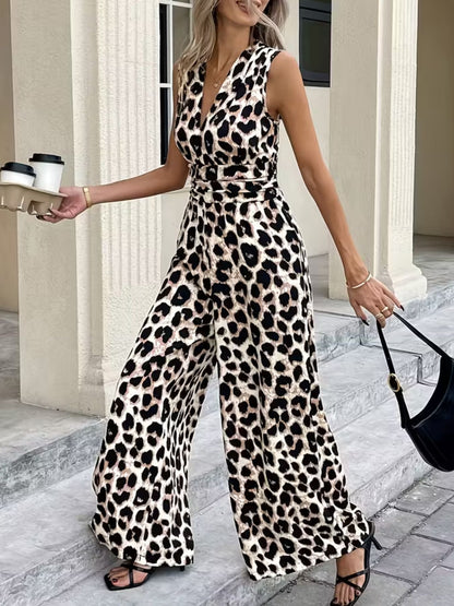 Hazel Blues® |  Sleeveless V-Neck Leopard Print Wide Leg Jumpsuit