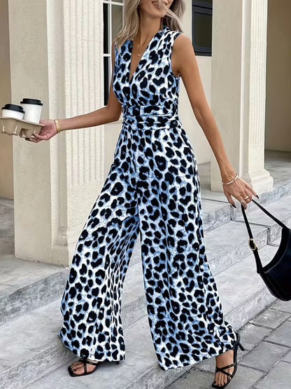 Hazel Blues® |  Sleeveless V-Neck Leopard Print Wide Leg Jumpsuit