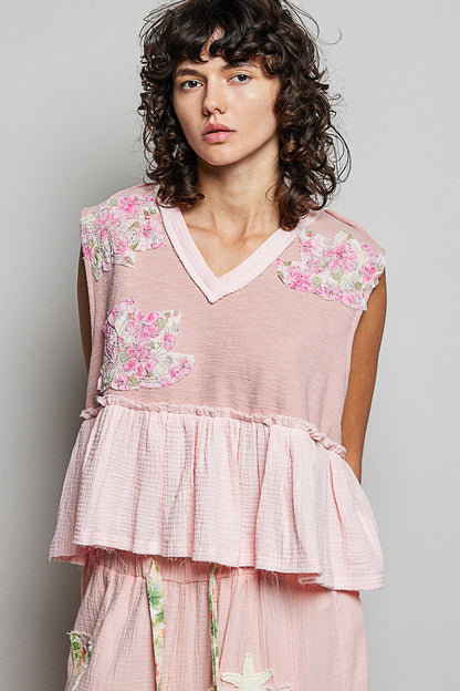 Hazel Blues® |  POL Floral Patch Ruffled Sleeveless Top with Raw Edge Detail