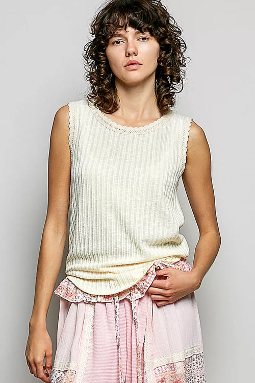 Hazel Blues® |  POL Ribbed Round Neck Tank with Lace Trim
