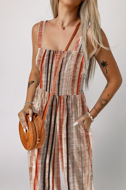Hazel Blues® |  Stripe Square Neck Sleeveless Smocked Bodice Wide Leg Jumpsuit
