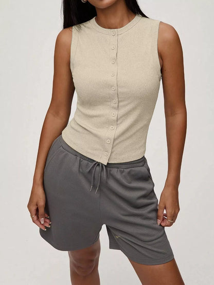 Hazel Blues® |  Ribbed Button-Front Sleeveless Tank