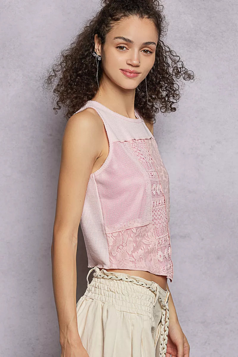 Hazel Blues® |  POL Ribbed Round Neck Cropped Tank with Lace Detail