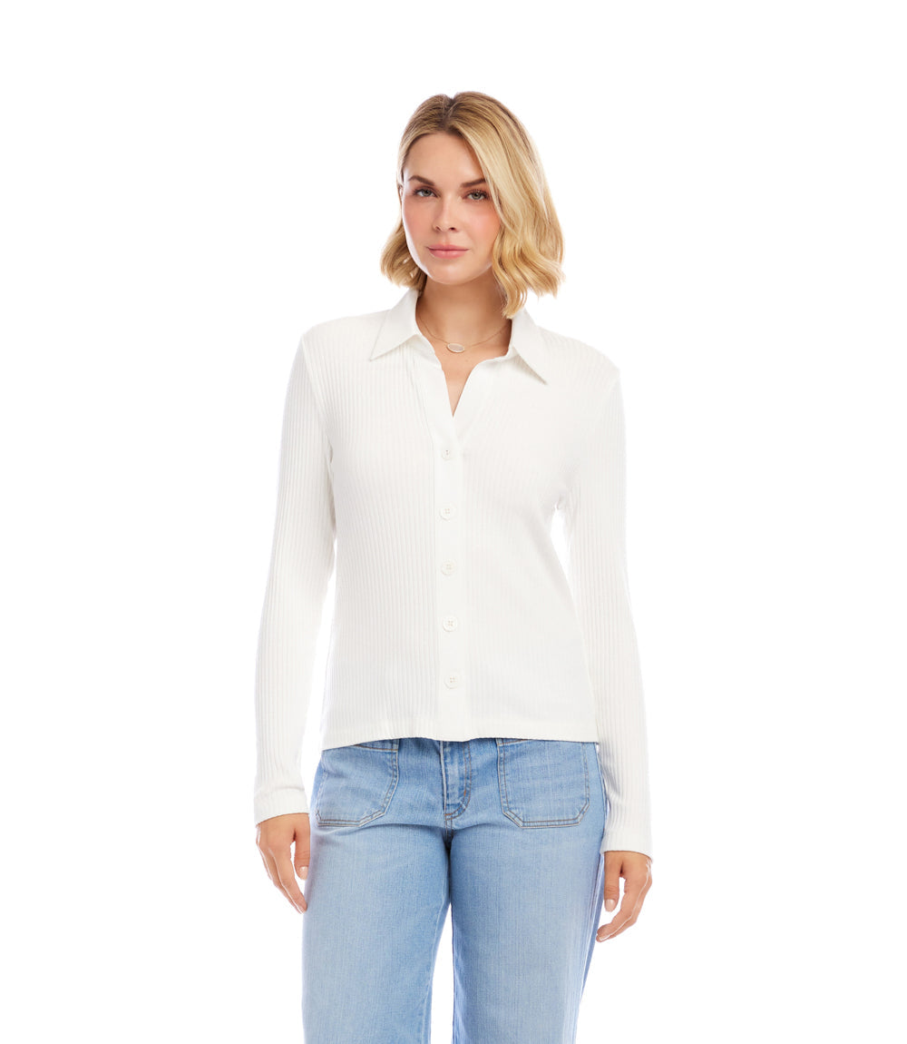 Ribbed Long Sleeve Button Front Top