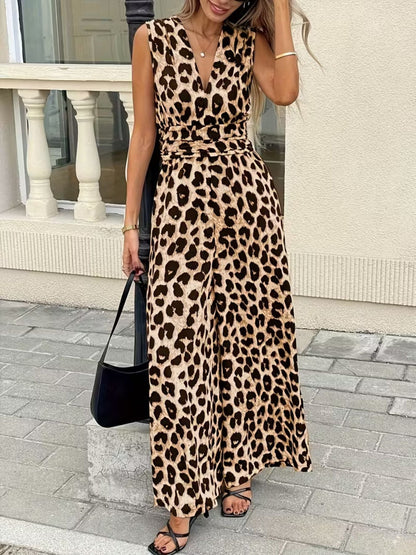 Hazel Blues® |  Sleeveless V-Neck Leopard Print Wide Leg Jumpsuit