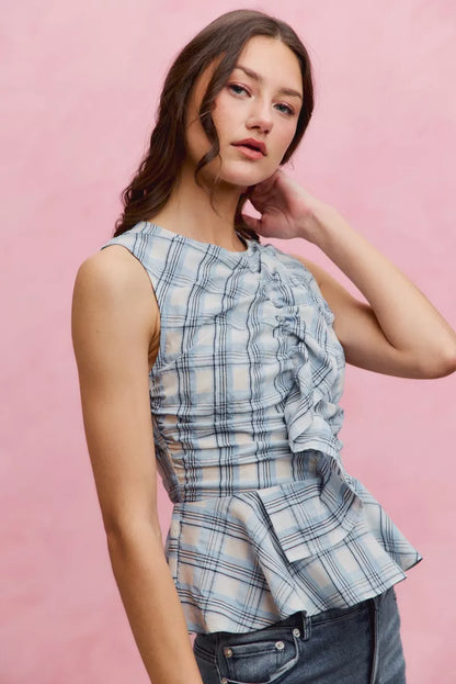 Hazel Blues® |  SO ME Plaid Sleeveless Ruffle Peplum Top