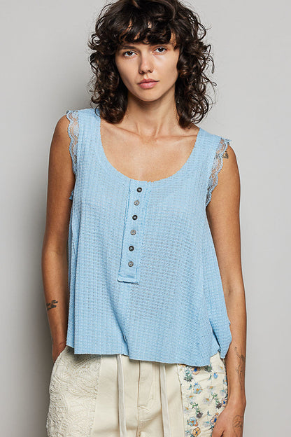 Hazel Blues® |  POL Textured Knit Round Neck Tank with Lace Detail